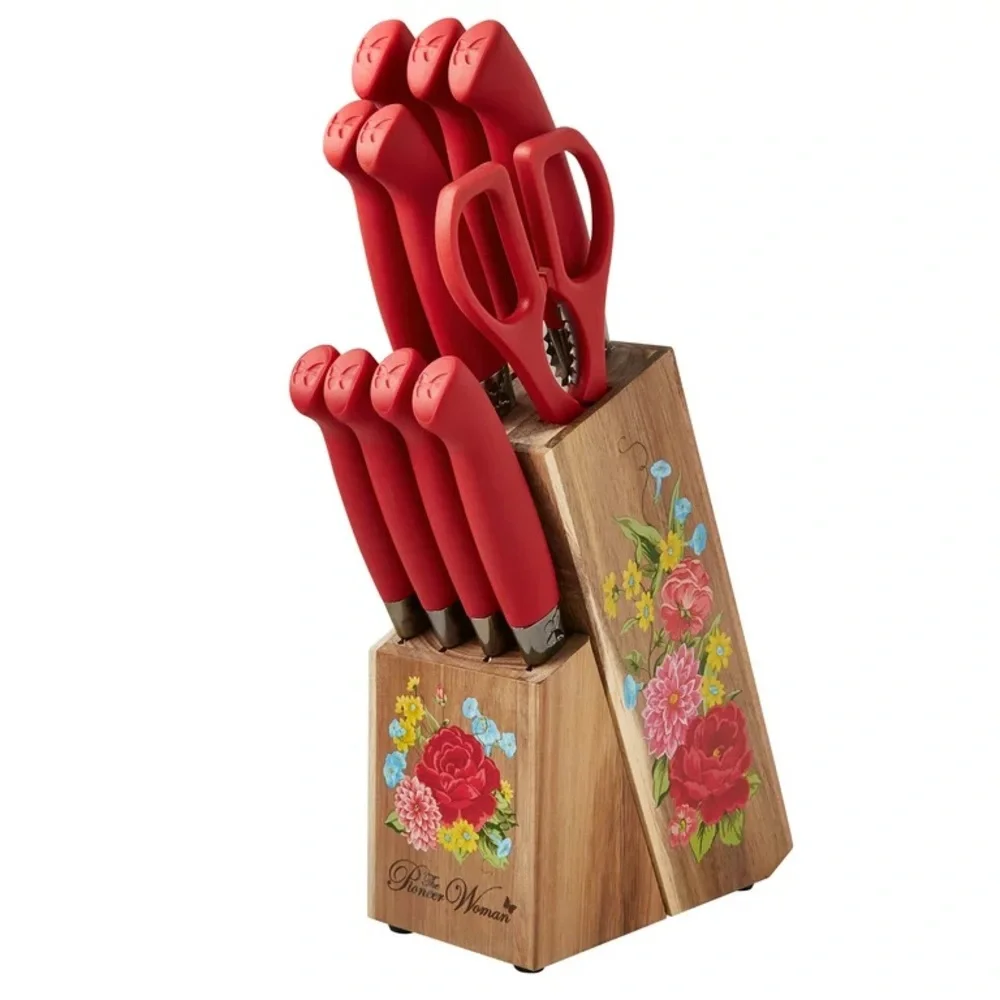 The Pioneer Woman Sweet Rose 11-Piece Stainless Steel Knife Block Set, Red NEW